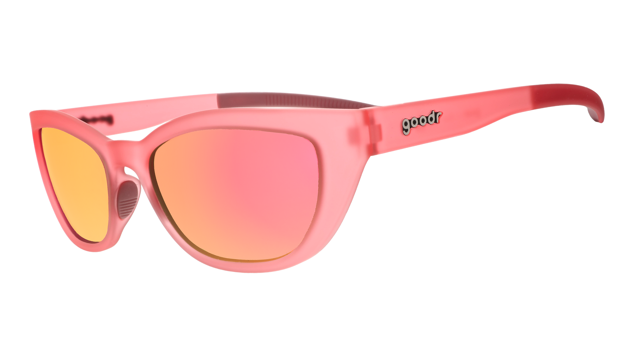 Three-quarter angle view of a pair of translucent pink cat-eye Cheetah G frames with pink champagne reflective lenses.