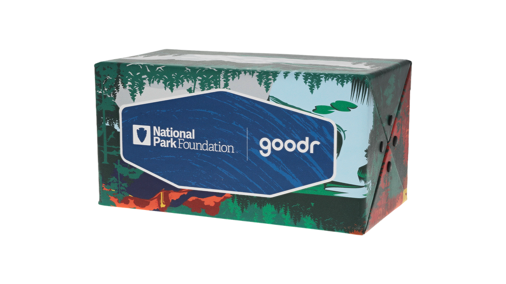 National Park Foundation & goodr foldable sunglasses case featuring illustrated forest and lake artwork.