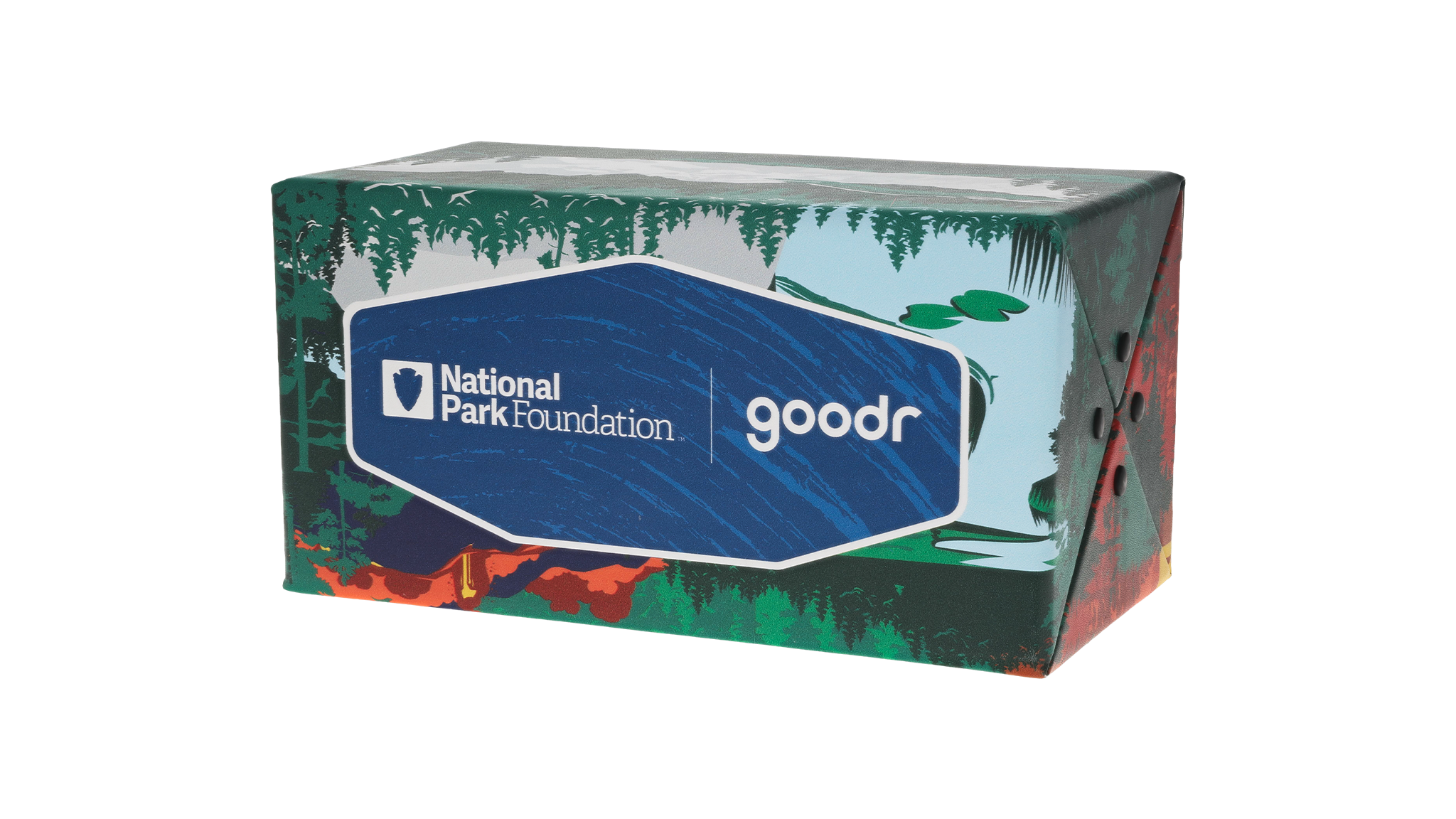 National Park Foundation & goodr foldable sunglasses case featuring illustrated forest and lake artwork.