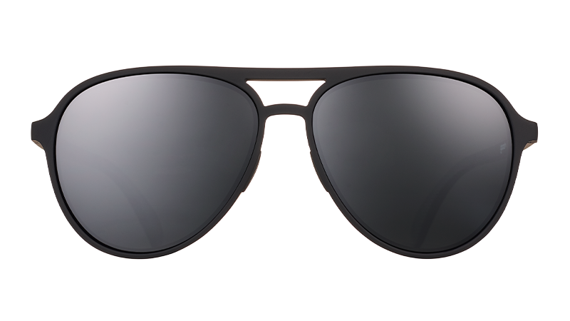 Front view of black aviator sunglases with non-reflective polarized black lenses.