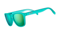 Three-quarter angle view of square-shaped teal sunglasses with teal reflective polarized lenses.