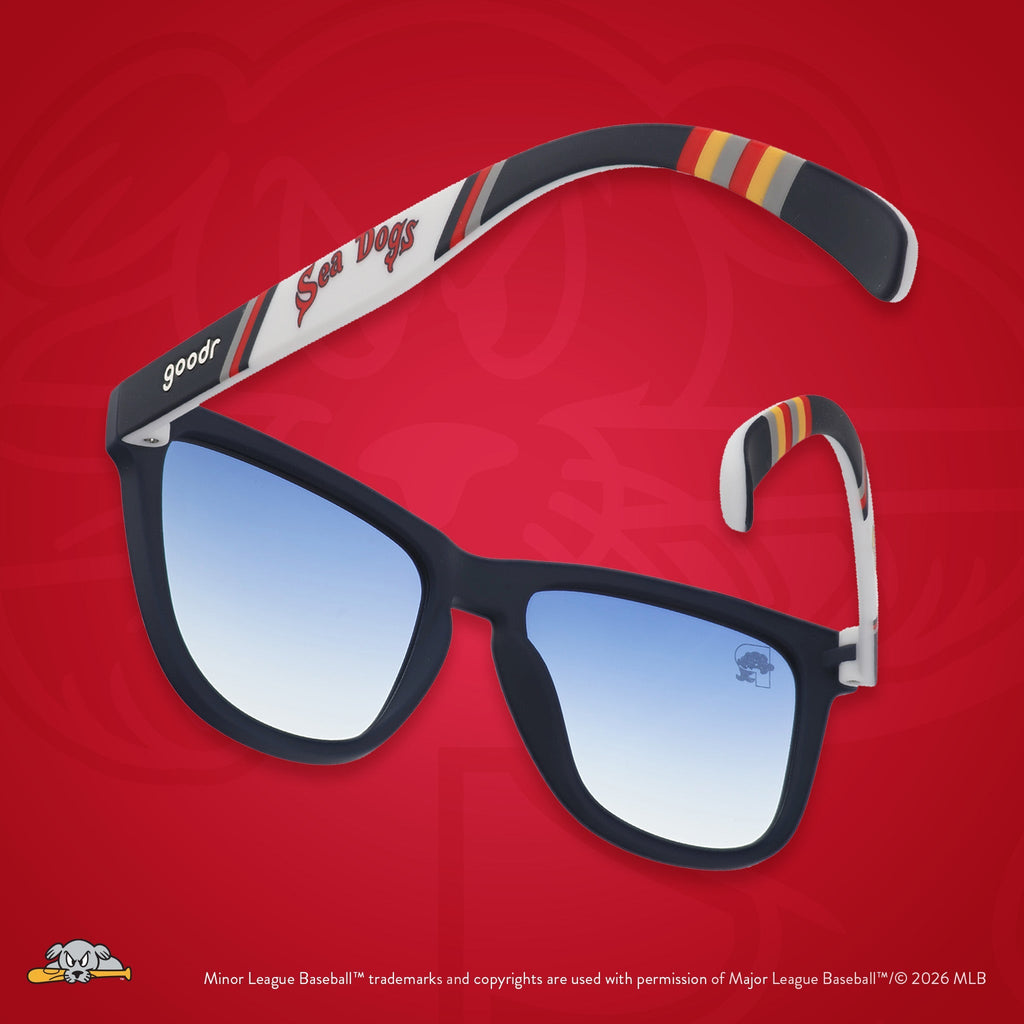 Back view of sunglasses. Dark blue frames w/ Sea Dogs on temples + blue gradient lenses.