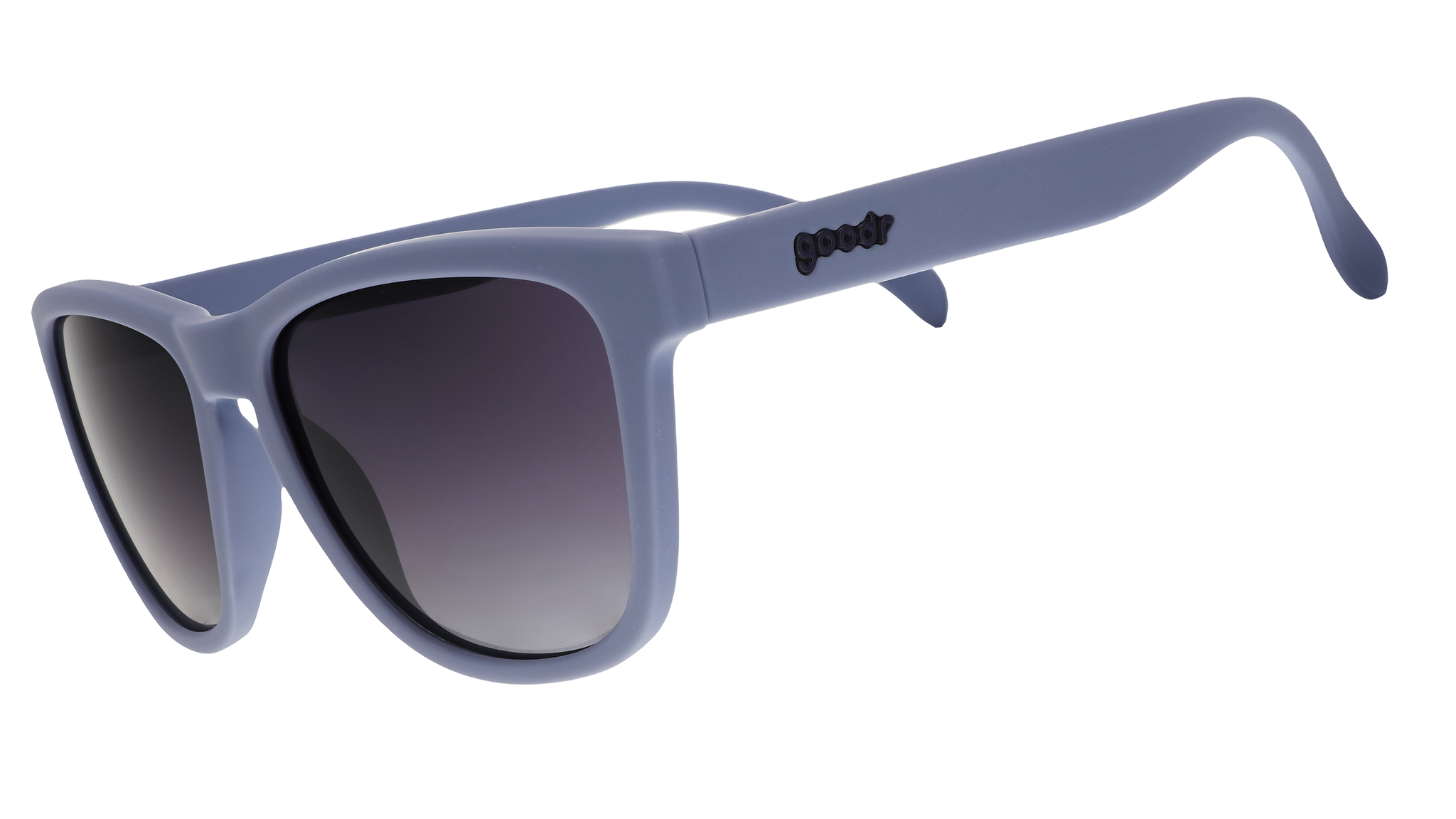 A pair of square sunglasses with lavender frames and lenses.