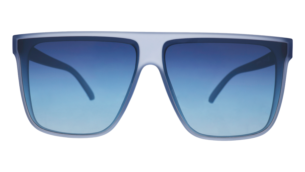 Front view of oversized, dusty blue Fly G sunglasses with blue gradient lenses.