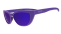 Three-quarter angle view of a pair of deep purple cat-eye Cheetah G sunglasses with purple reflective lenses.