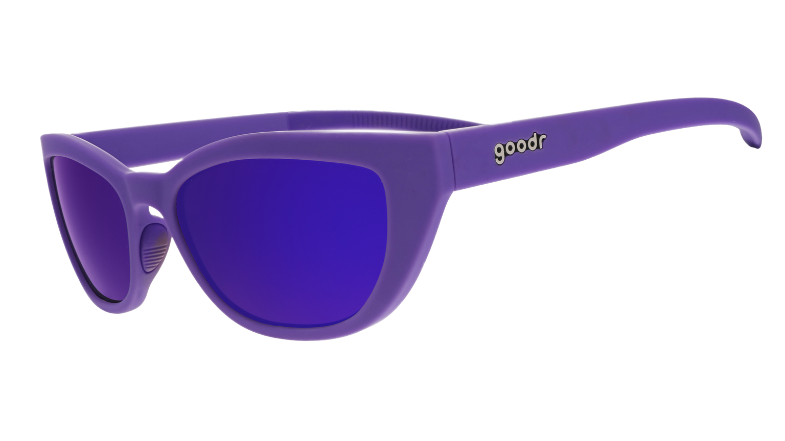 Three-quarter angle view of a pair of deep purple cat-eye Cheetah G sunglasses with purple reflective lenses.