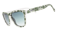Three-quarter angle view of sunglasses with a green and white floral toile and green gradient lenses.