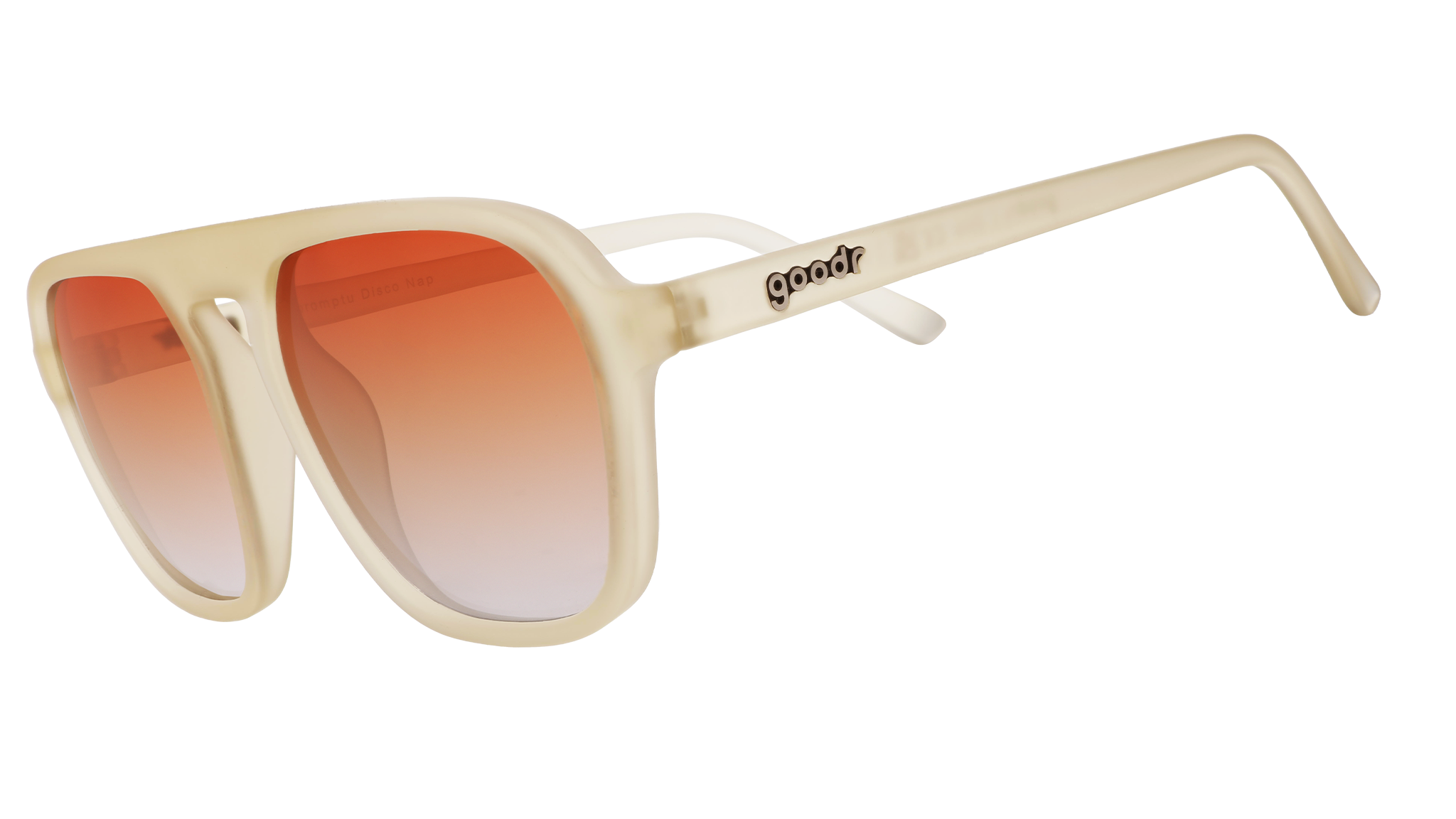 Sunglasses with translucent tan frames and gradient amber lenses.