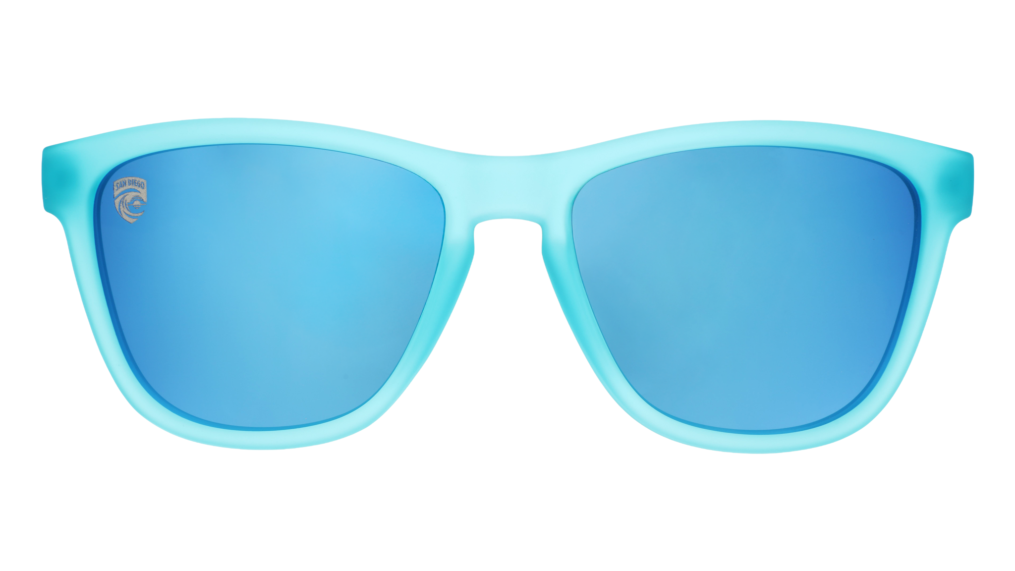 Blue sunglasses with blue reflective lenses on a white background