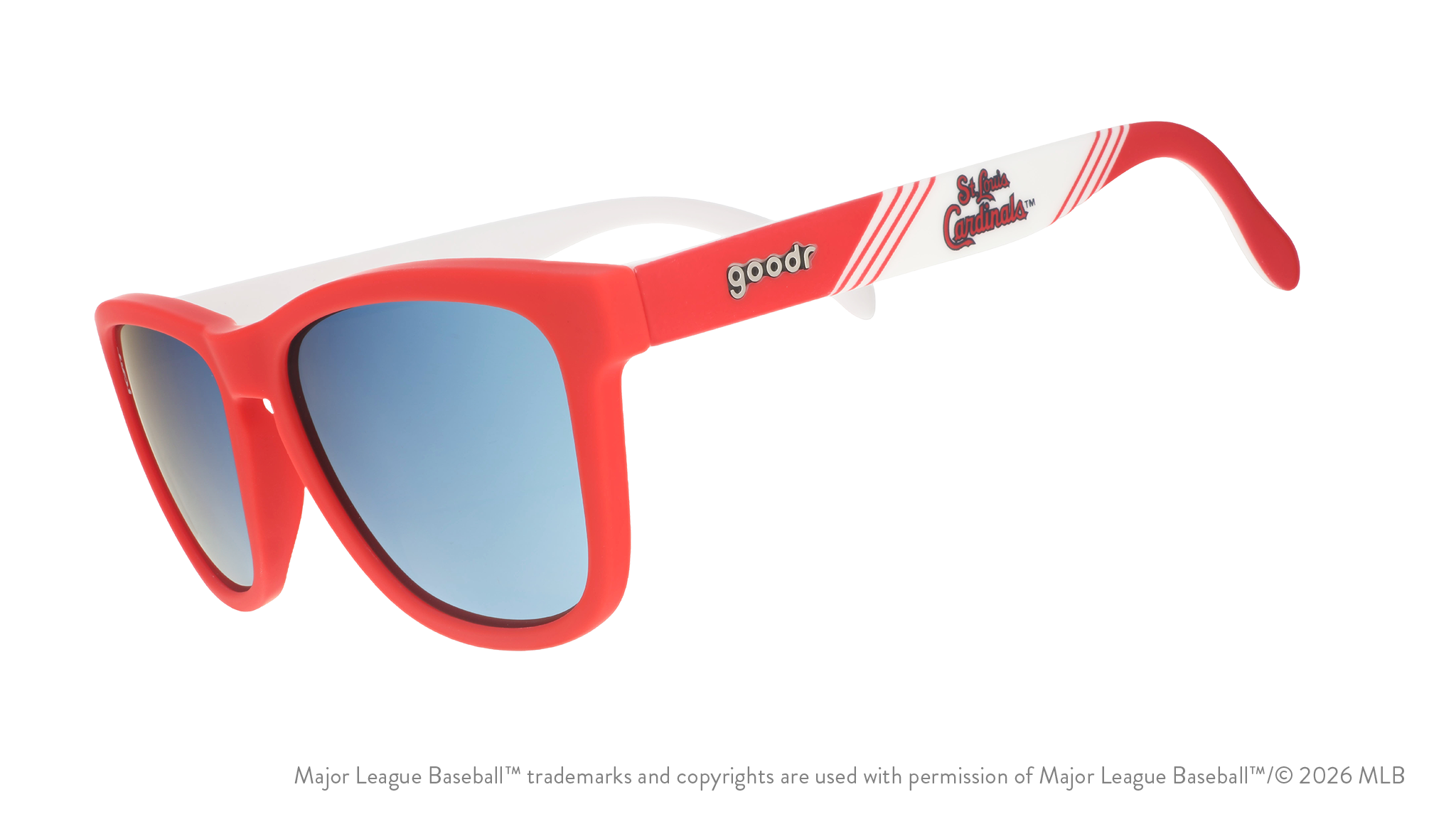Three-quarter angle view of red and white Cardinals sunglasses featuring the St. Louis Cardinals logo on the arm.