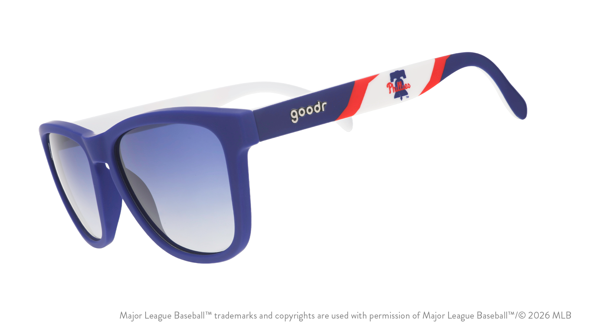 Three-quarter angle view of blue, red, and white Phillies sunglasses featuring the Liberty Bell logo on the arm.