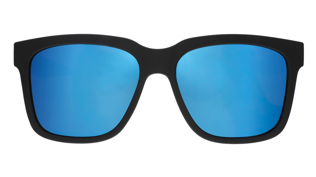 Front view of black sunglasses with blue lenses designed to float in water.