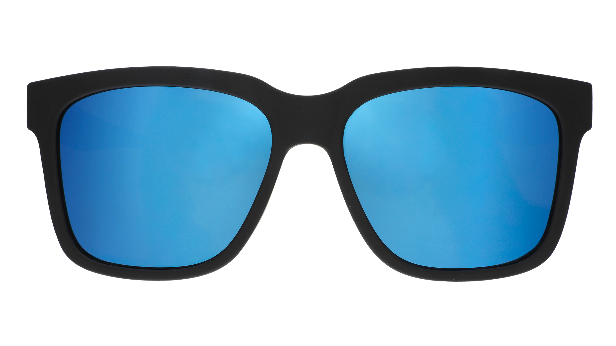 Front view of black sunglasses with blue lenses designed to float in water.