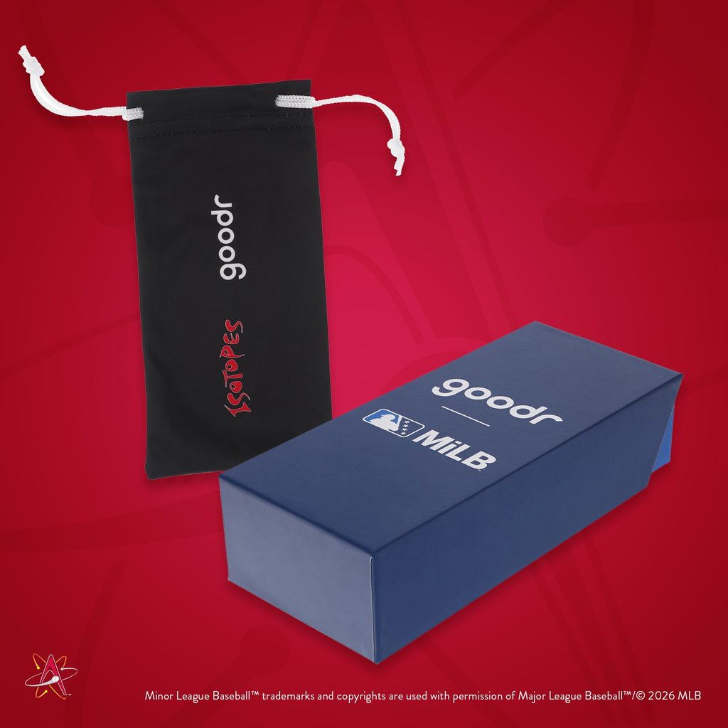 Front view of custom Minor League Baseball-themed packaging with a patterned microfiber bag and box.