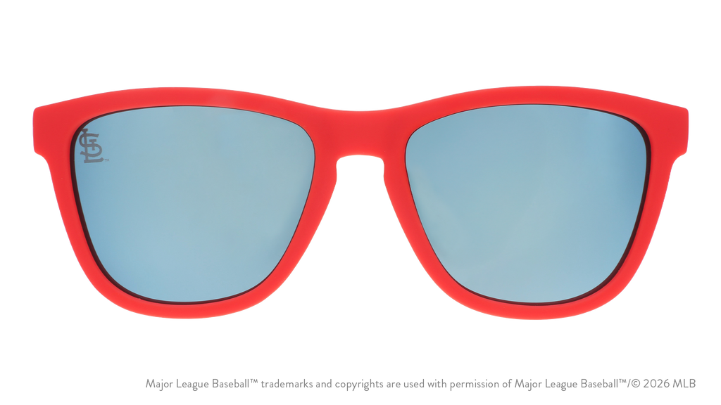 Front view of Cardinals shades with red faceplate. Ice blue reflective lenses have the StL logo etched on the left lens.