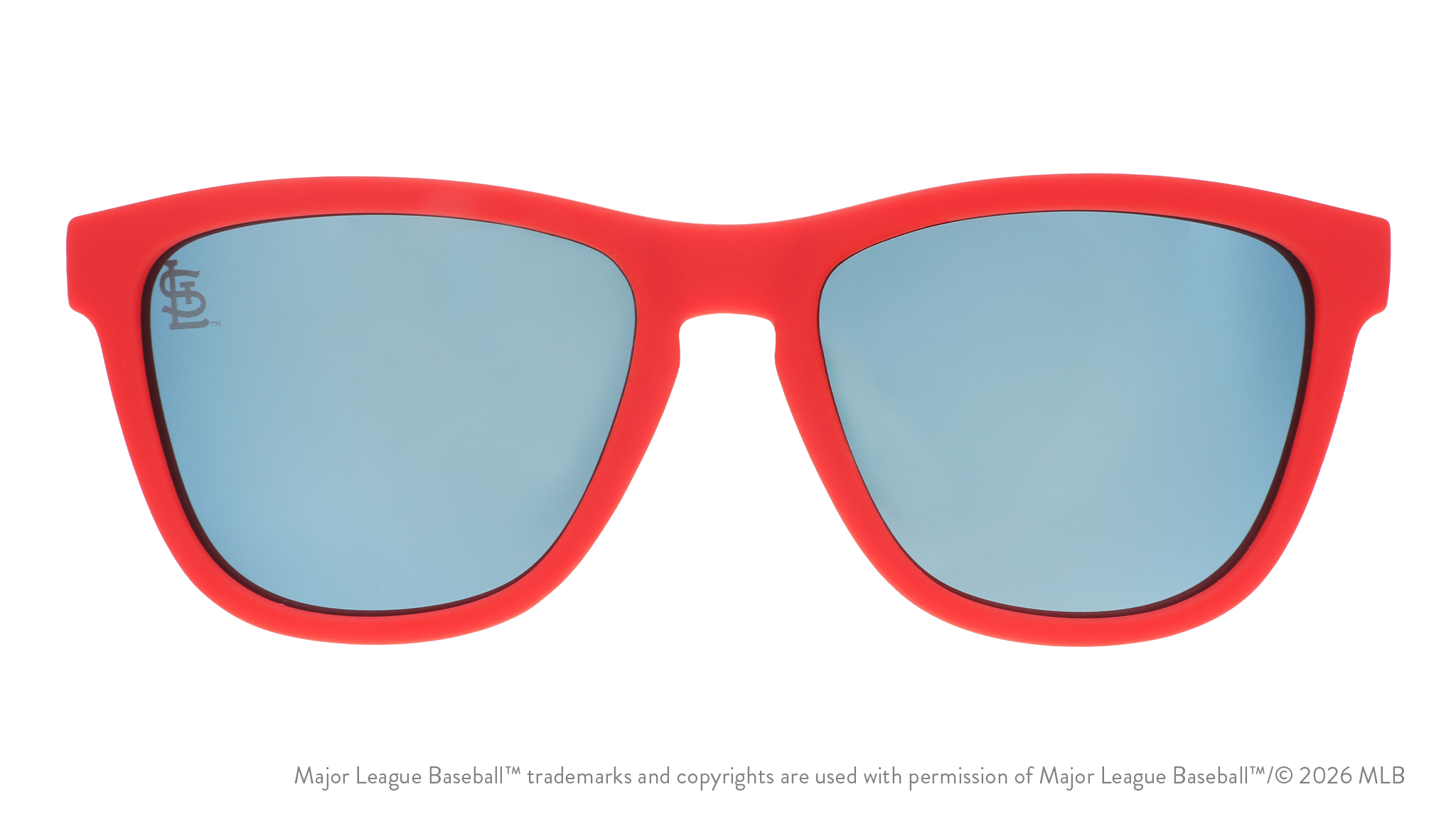 Front view of Cardinals shades with red faceplate. Ice blue reflective lenses have the StL logo etched on the left lens.
