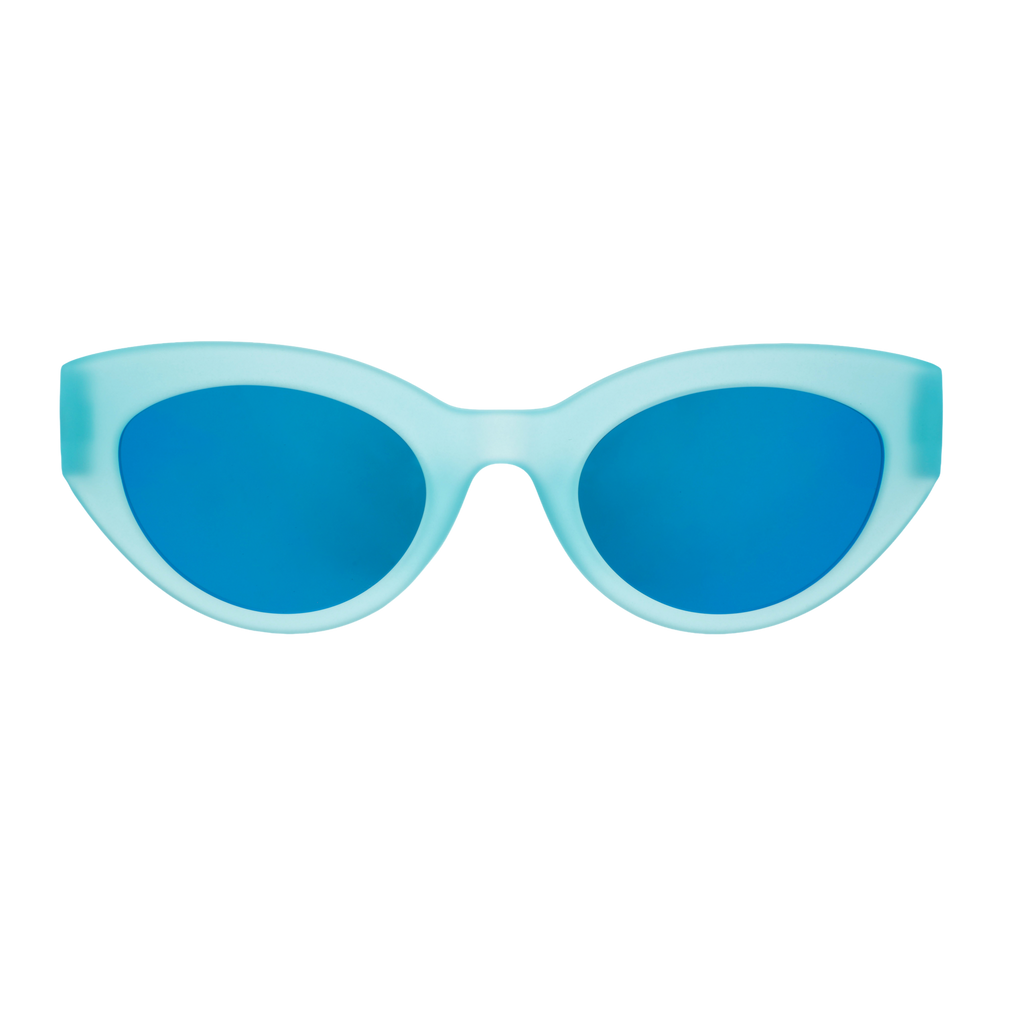 Front view of translucent light blue Moon G sunglasses with blue reflective lenses.