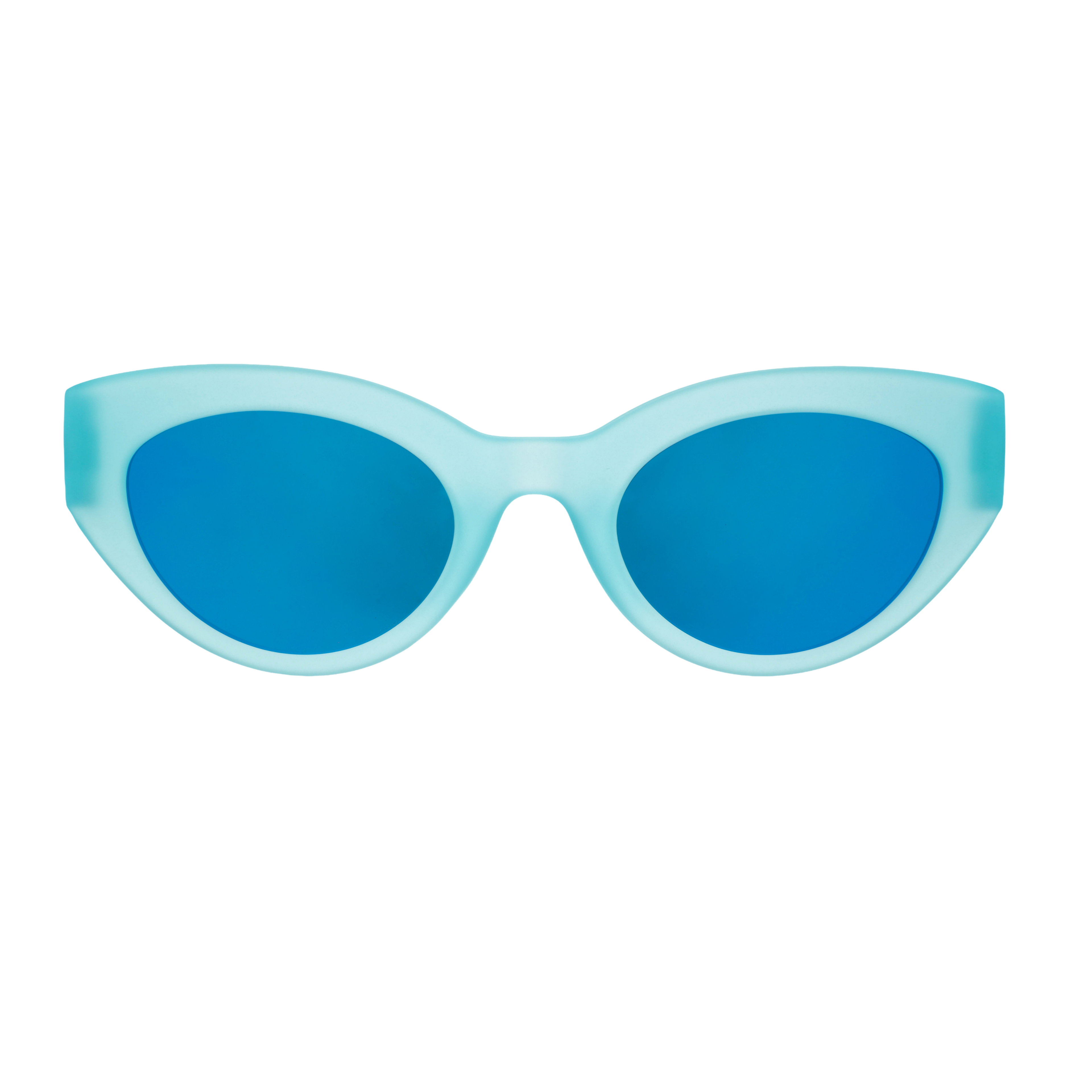 Front view of translucent light blue Moon G sunglasses with blue reflective lenses.