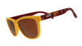 A pair of "goodr" sunglasses with yellow frames and brown-tinted lenses. The arms of the sunglasses feature a maroon background with gold University of Minnesota "M" logos and mascots, creating a collegiate-themed design.