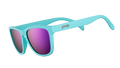 Three-quarter angle view of baby blue sunglasses with polarized purple reflective lenses.