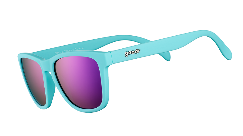 Three-quarter angle view of baby blue sunglasses with polarized purple reflective lenses.