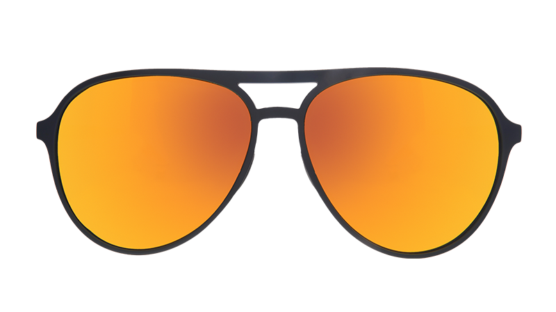 Front view of black aviator sunglasses with amber lenses.