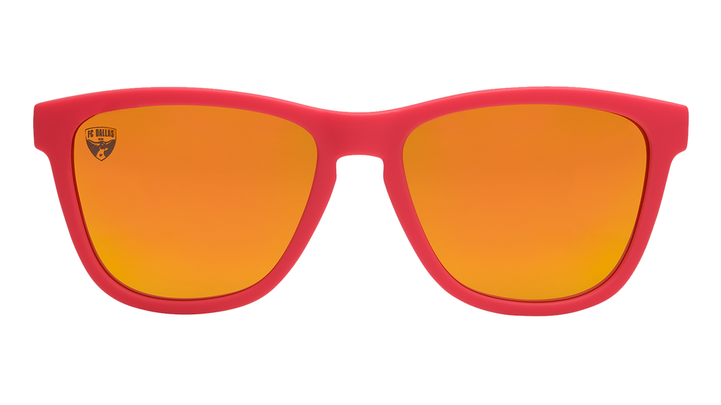 Front view of Major League Soccer FC Dallas shades. Red front frame. Amber reflective lenses.