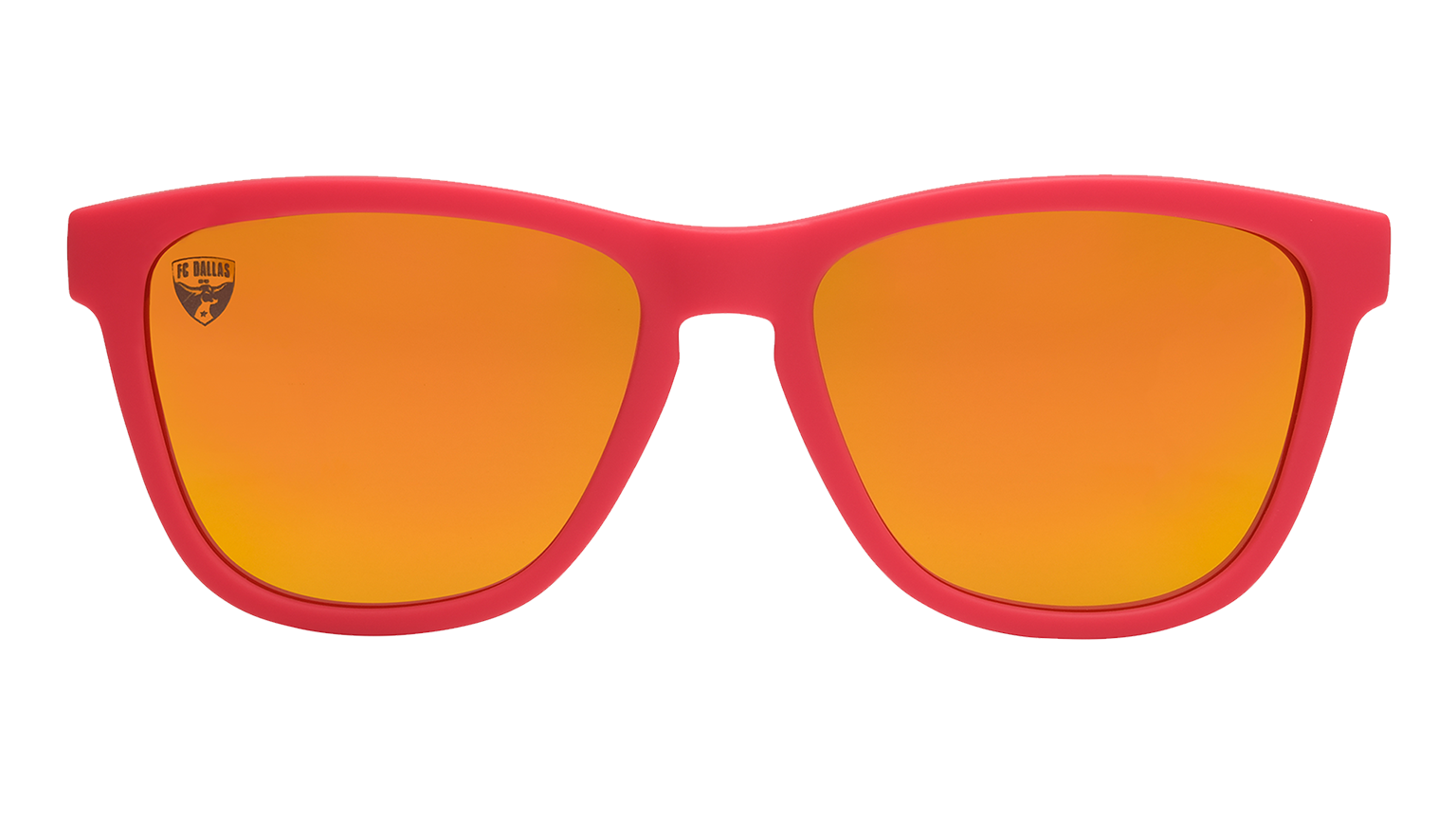 Front view of Major League Soccer FC Dallas shades. Red front frame. Amber reflective lenses.