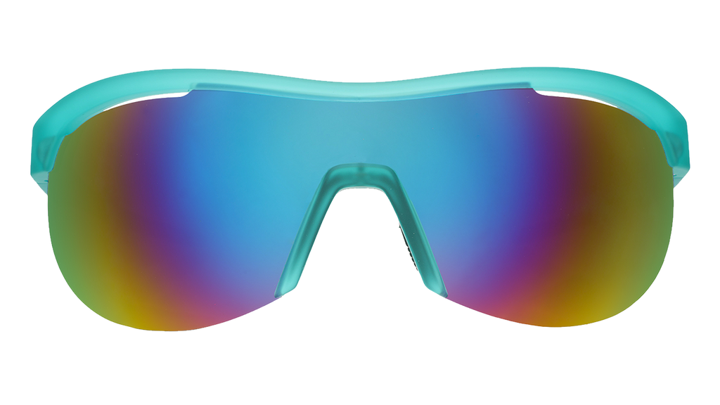 Front view of translucent mint green wrap shield sunglasses with white-blue reflective lenses against a white background.