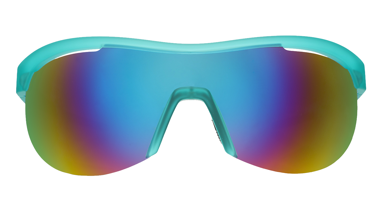 Front view of translucent mint green wrap shield sunglasses with white-blue reflective lenses against a white background.