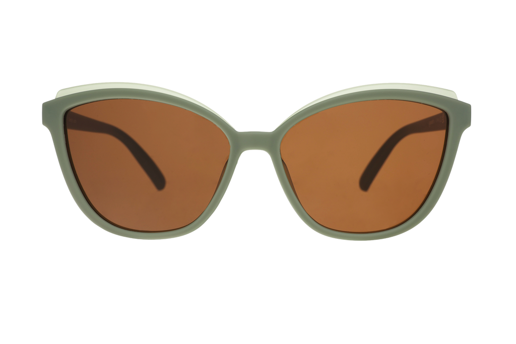 Sunglasses with brown lenses and green frames on a white background