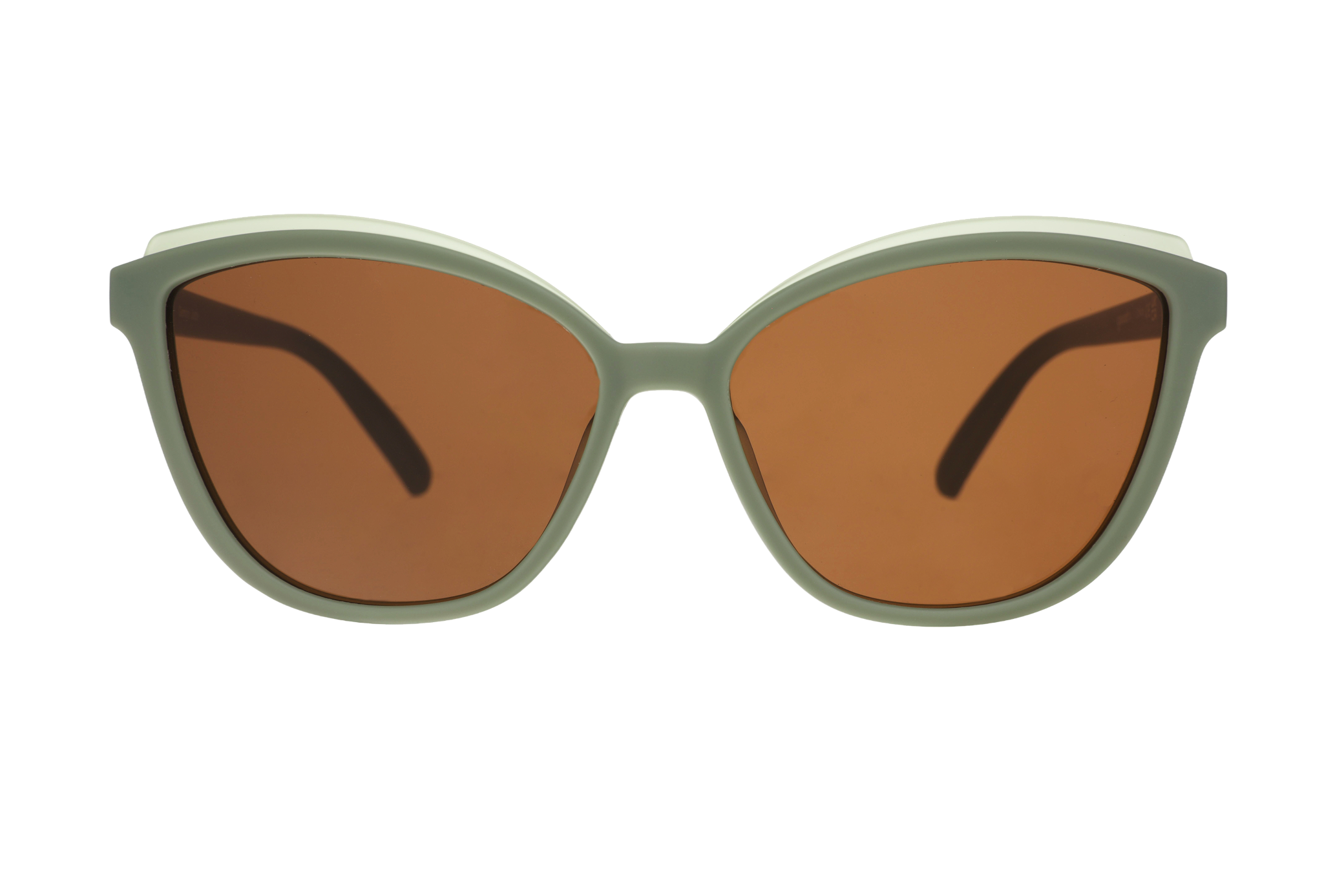 Sunglasses with brown lenses and green frames on a white background