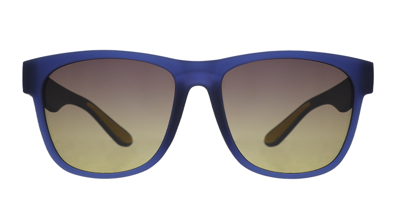 Front view of navy blue sunglasses with square-shaped grey yellow gradient lenses.