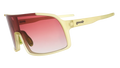 Three-quarter angle view of chartreuse wrap sunglasses with a rose gradient shield lens.