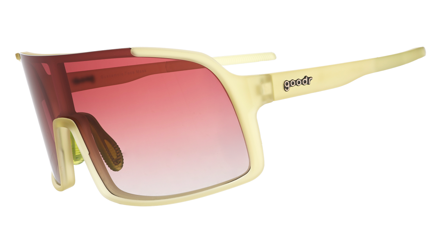 Three-quarter angle view of chartreuse wrap sunglasses with a rose gradient shield lens.