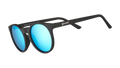 Three-quarter angle view of retro-inspired black round sunglasses with circle-shaped mirrored blue lenses.