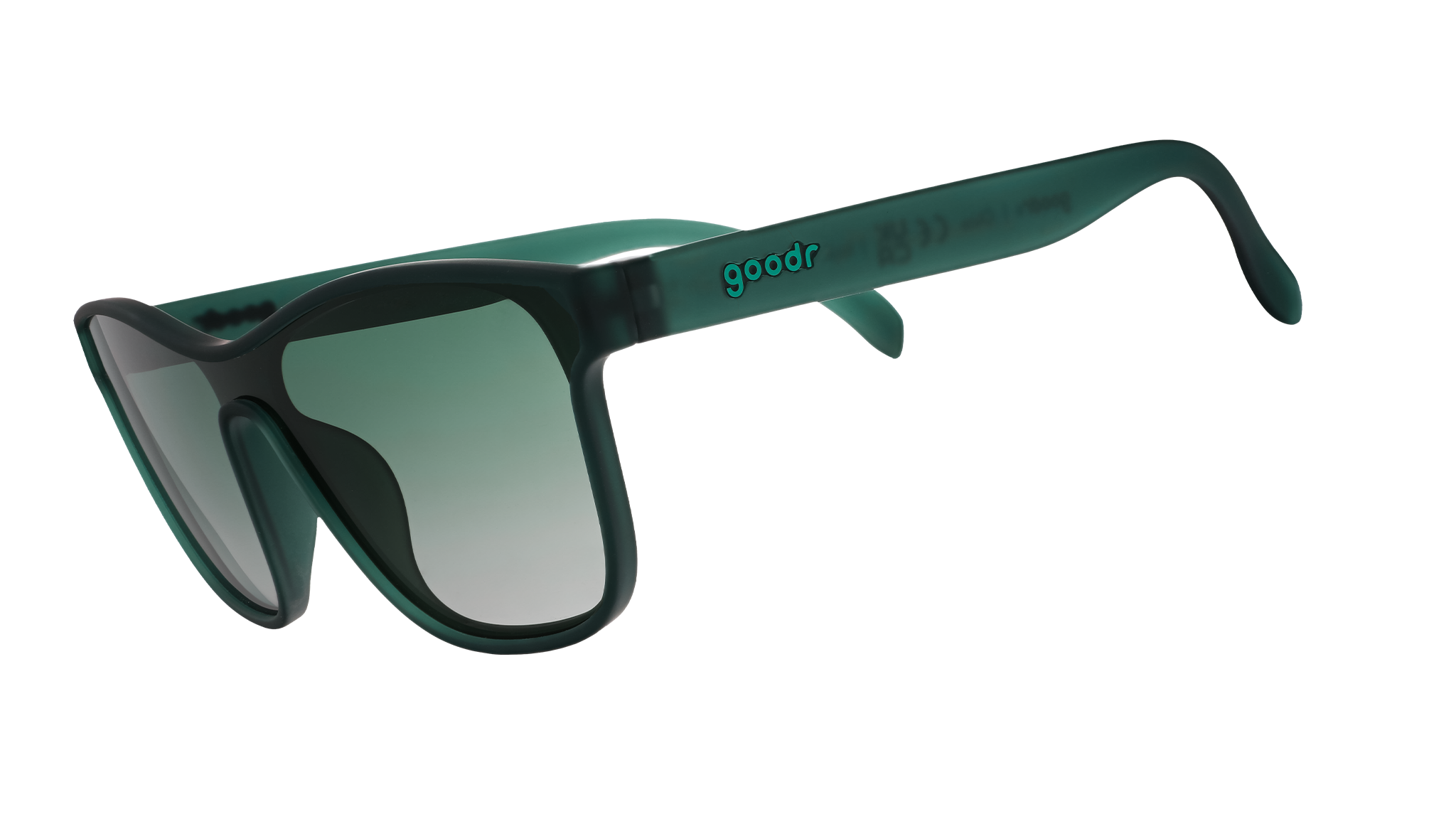 Three-quarter angle view of translucent teal one-lens sunglasses with green gradient lenses.