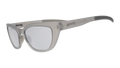 Three-quarter angle view of gray cat eye shades with chrome lenses tilted down on a white background.
