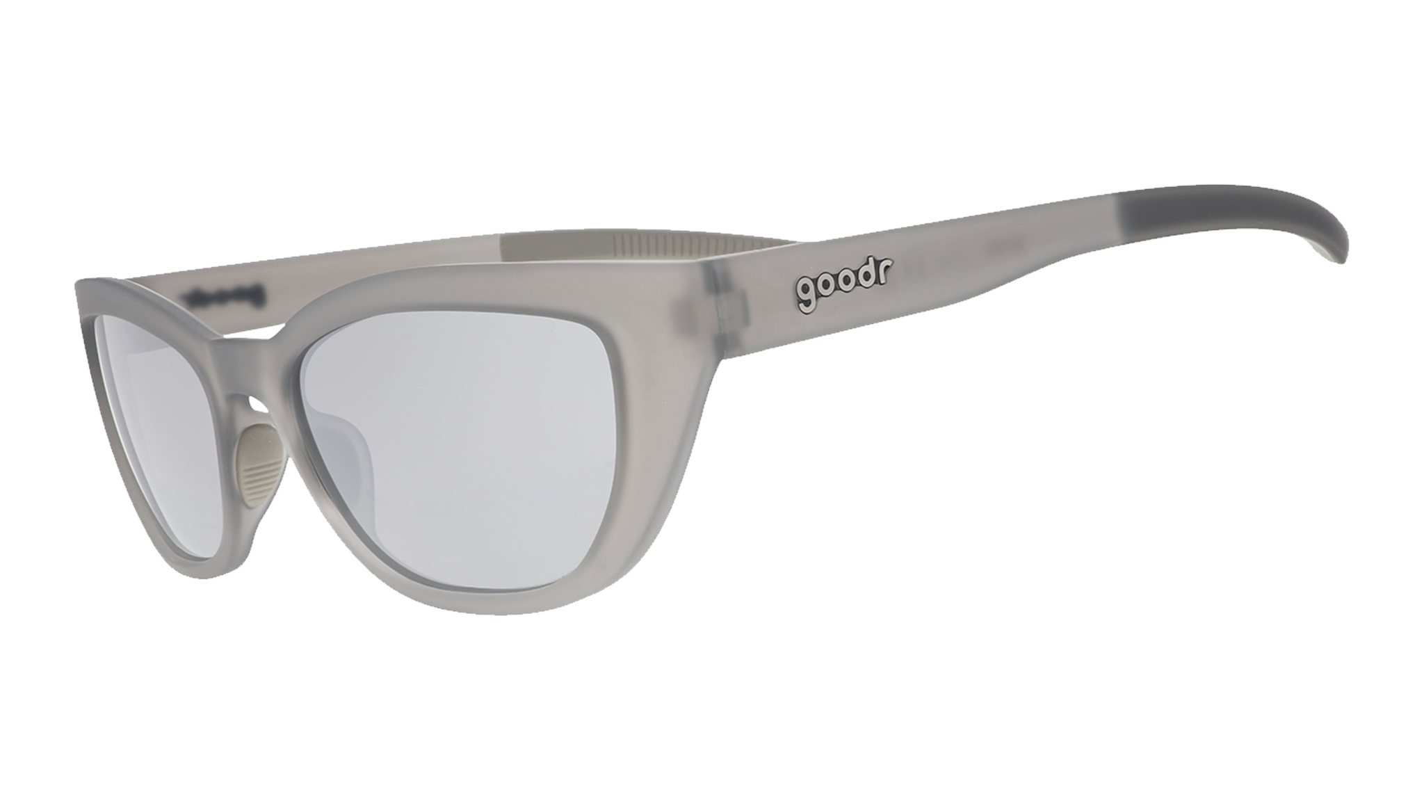 Three-quarter angle view of gray cat eye shades with chrome lenses tilted down on a white background.