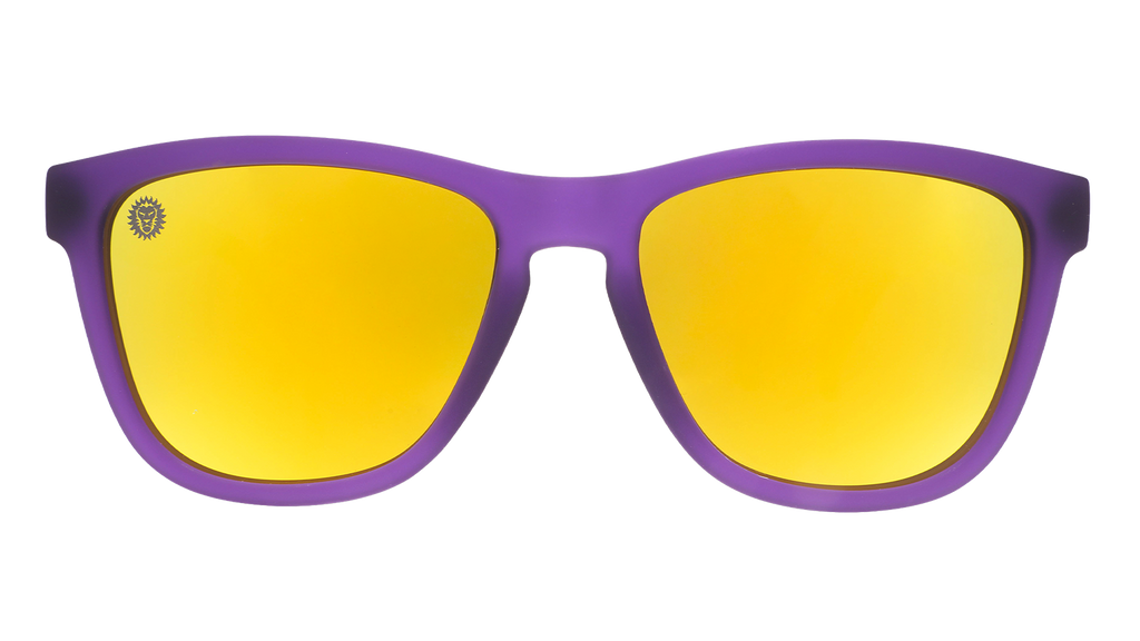 Front view of Major League Soccer Orlando City SC sunglasses. Purple front frame. Violet reflective lenses.
