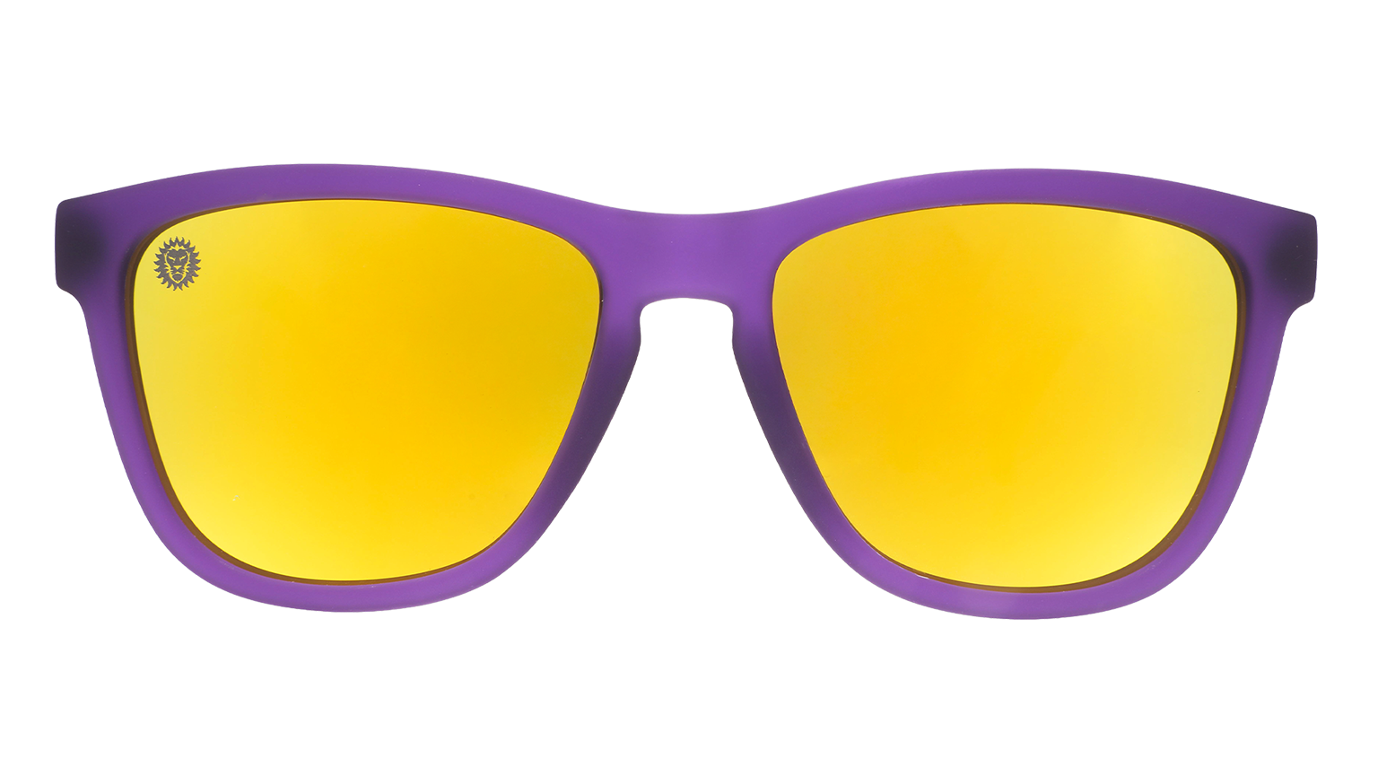 Front view of Major League Soccer Orlando City SC sunglasses. Purple front frame. Violet reflective lenses.