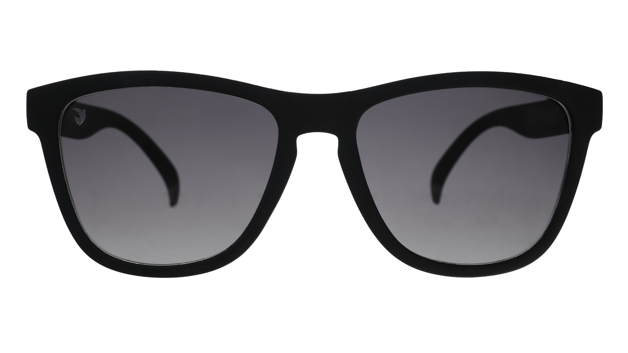 Front view of black and pink sunglasses with black gradient lenses.