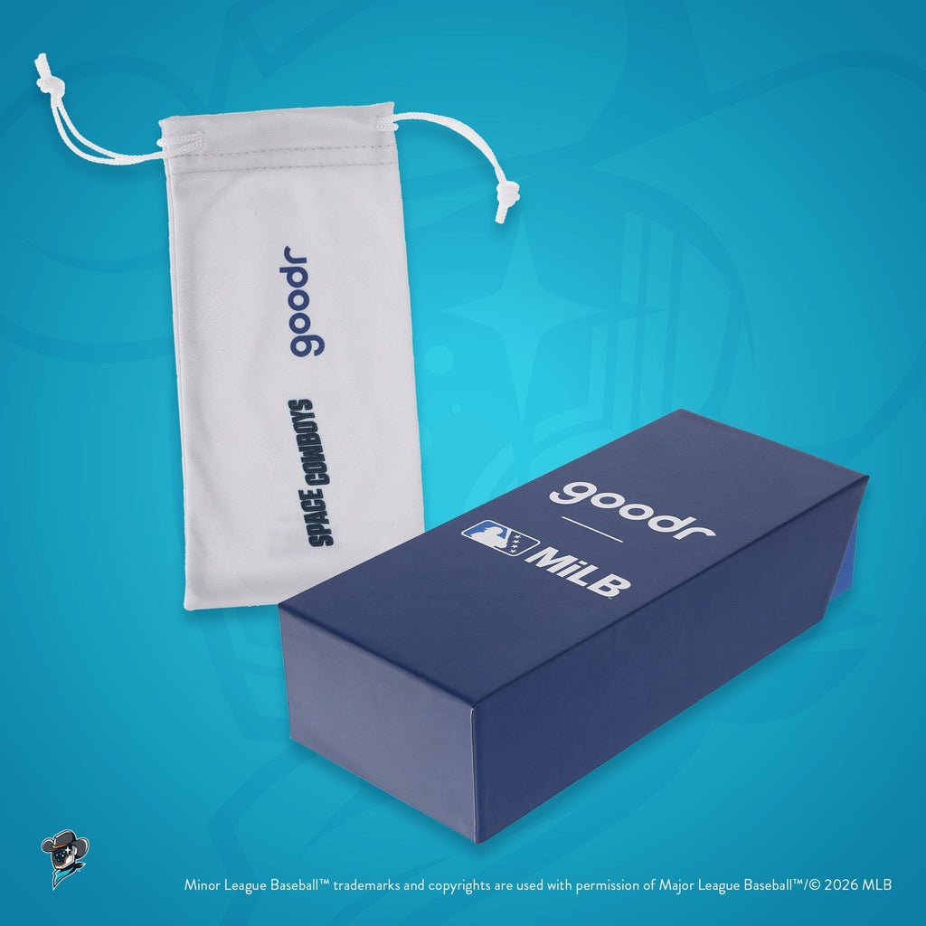 Front view of custom Minor League Baseball-themed packaging with a patterned microfiber bag and box.