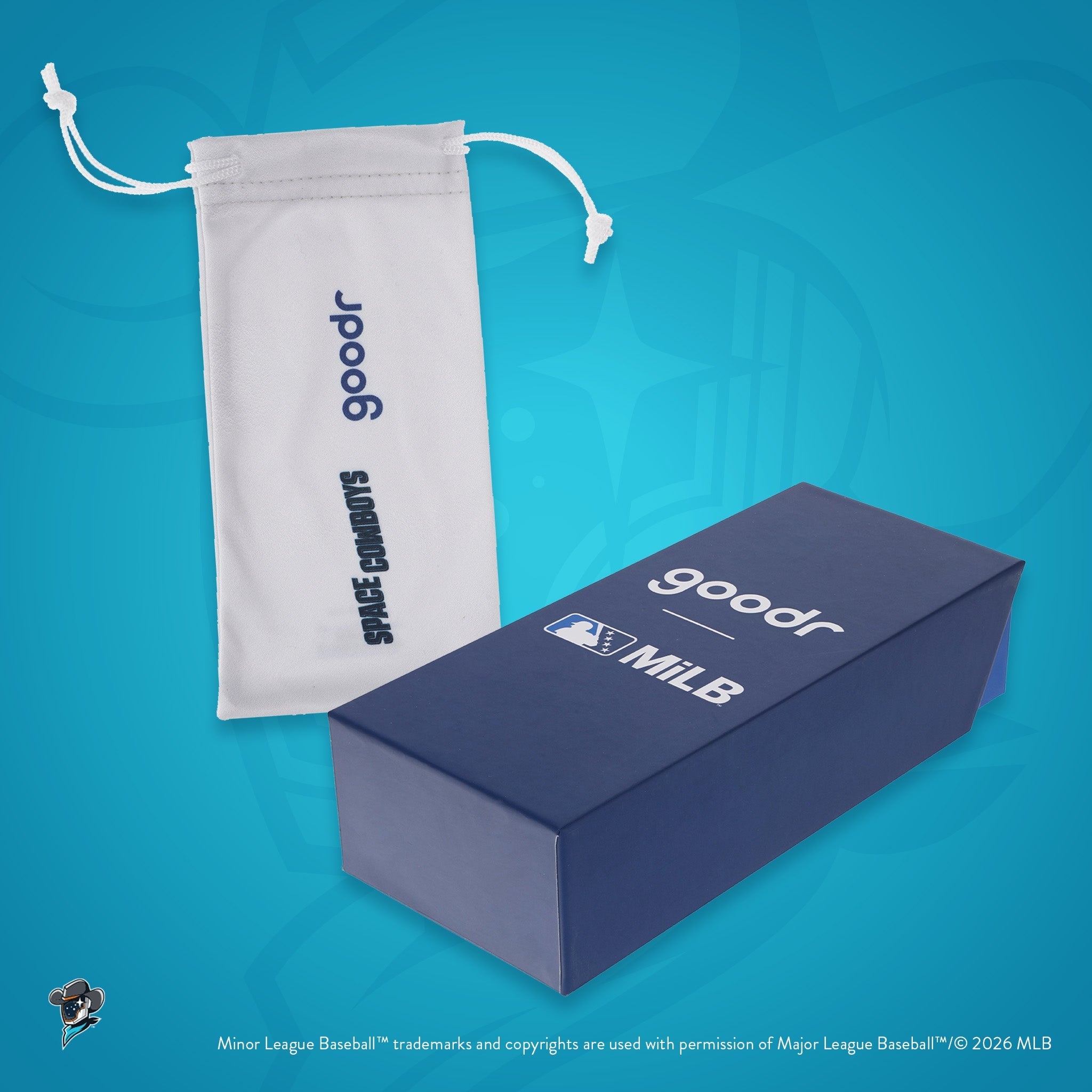 Front view of custom Minor League Baseball-themed packaging with a patterned microfiber bag and box.