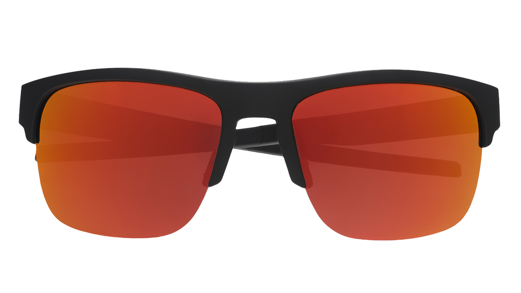 Front view of sunglasses. Black front half-rim frame with orange reflective lenses on a white background.