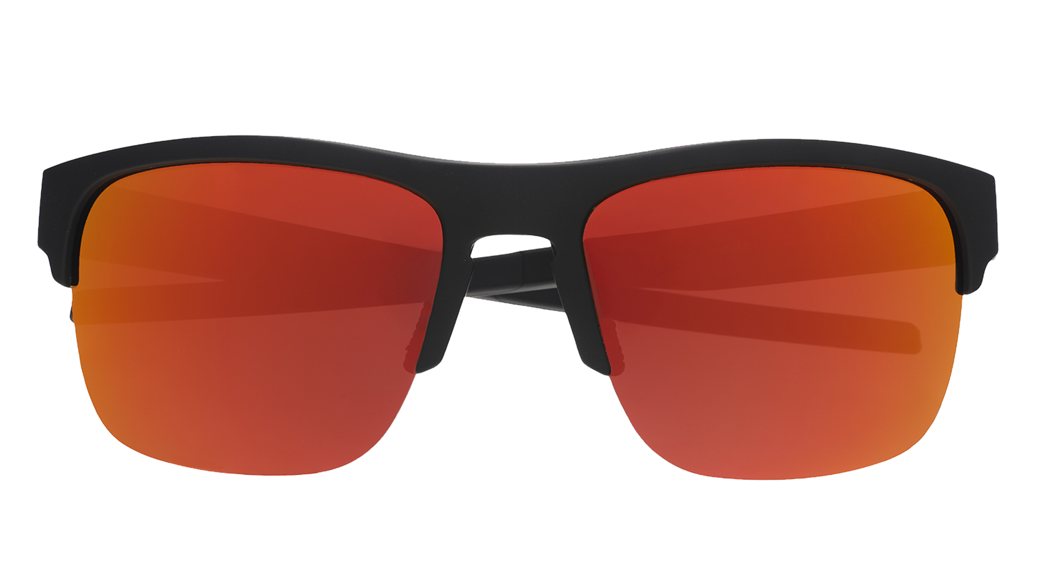 Front view of sunglasses. Black front half-rim frame with orange reflective lenses on a white background.
