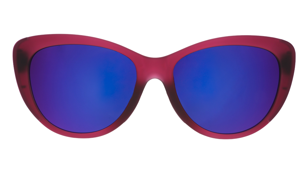 Front view of translucent purple cat-eye sunglasses with purple reflective lenses.