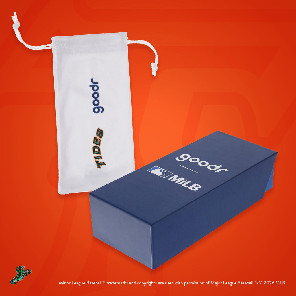Front view of custom Minor League Baseball-themed packaging with a patterned microfiber bag and box.