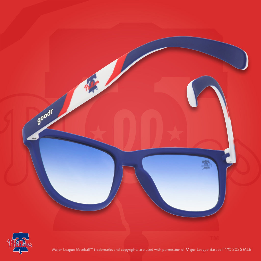 Blue, red, and white Phillies shades floating against a red background featuring the team's Liberty Bell logo.