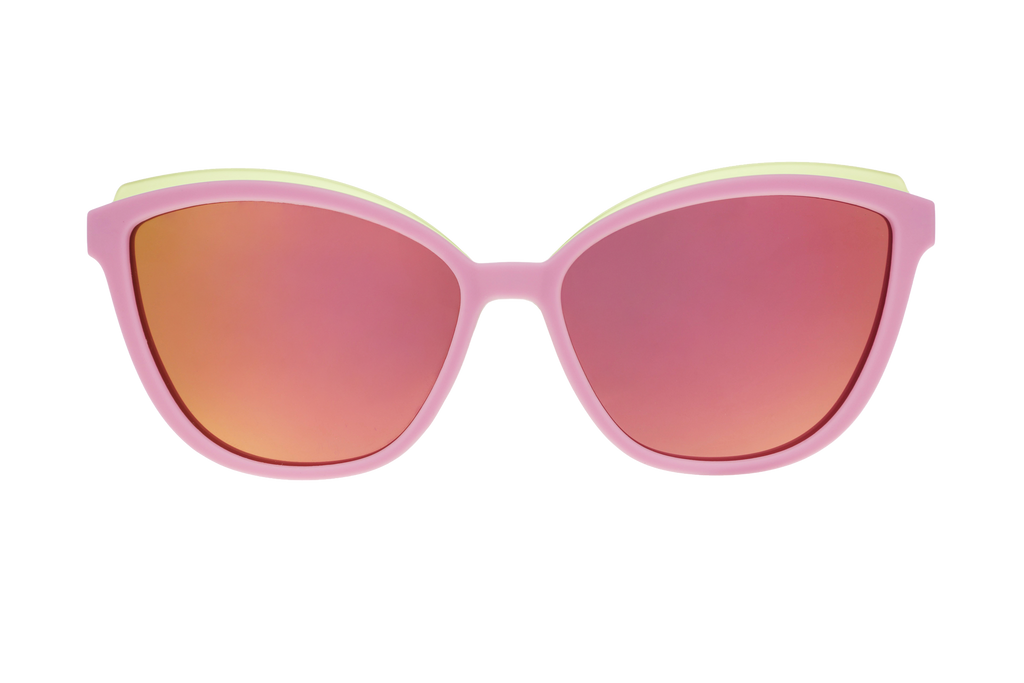 Pink sunglasses with red-tinted lenses on a white background